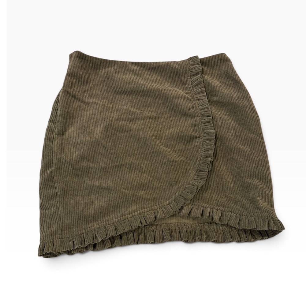 SHEIN Olive Green Corduroy Ruffle Wrap Mini Skirt Size 6 M Womens Boho